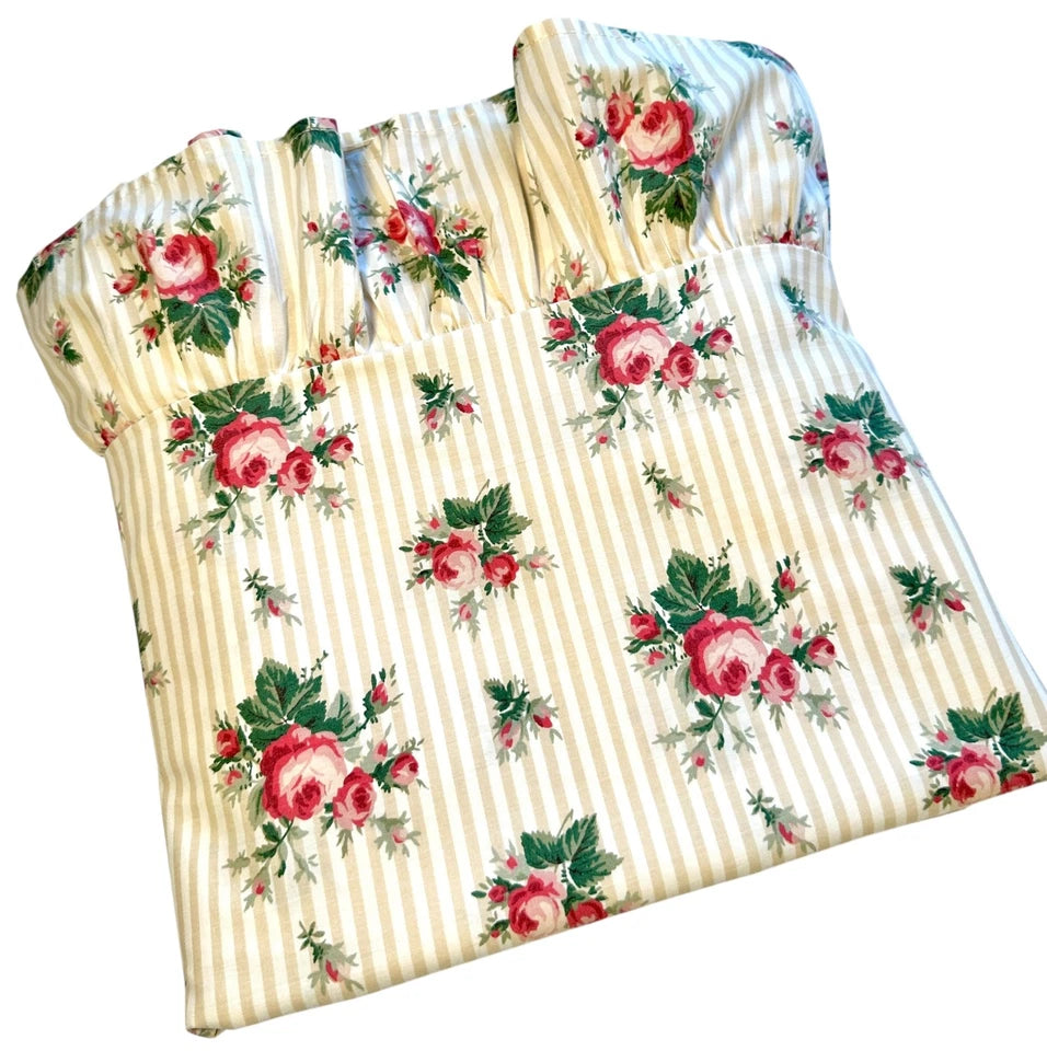 Vtg 1980s Ralph Lauren MARSEILLES Pink Roses Twin Flat Ruffled Sheet Cottagecore